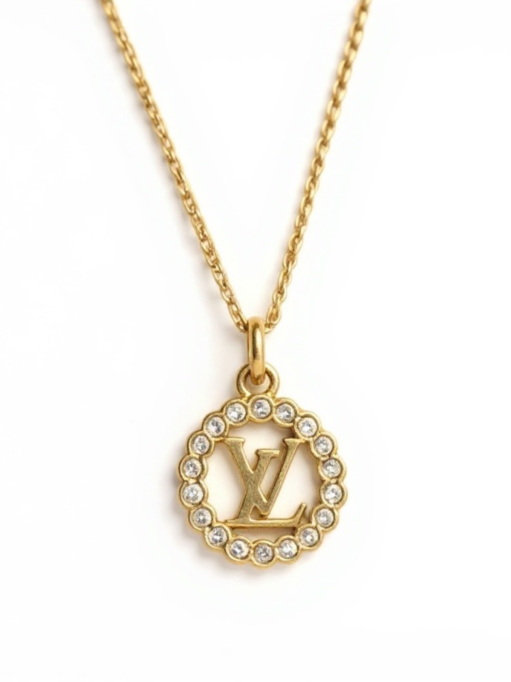 Louis Vuitton Upcycled Gold Logo with Rhinestones Necklace